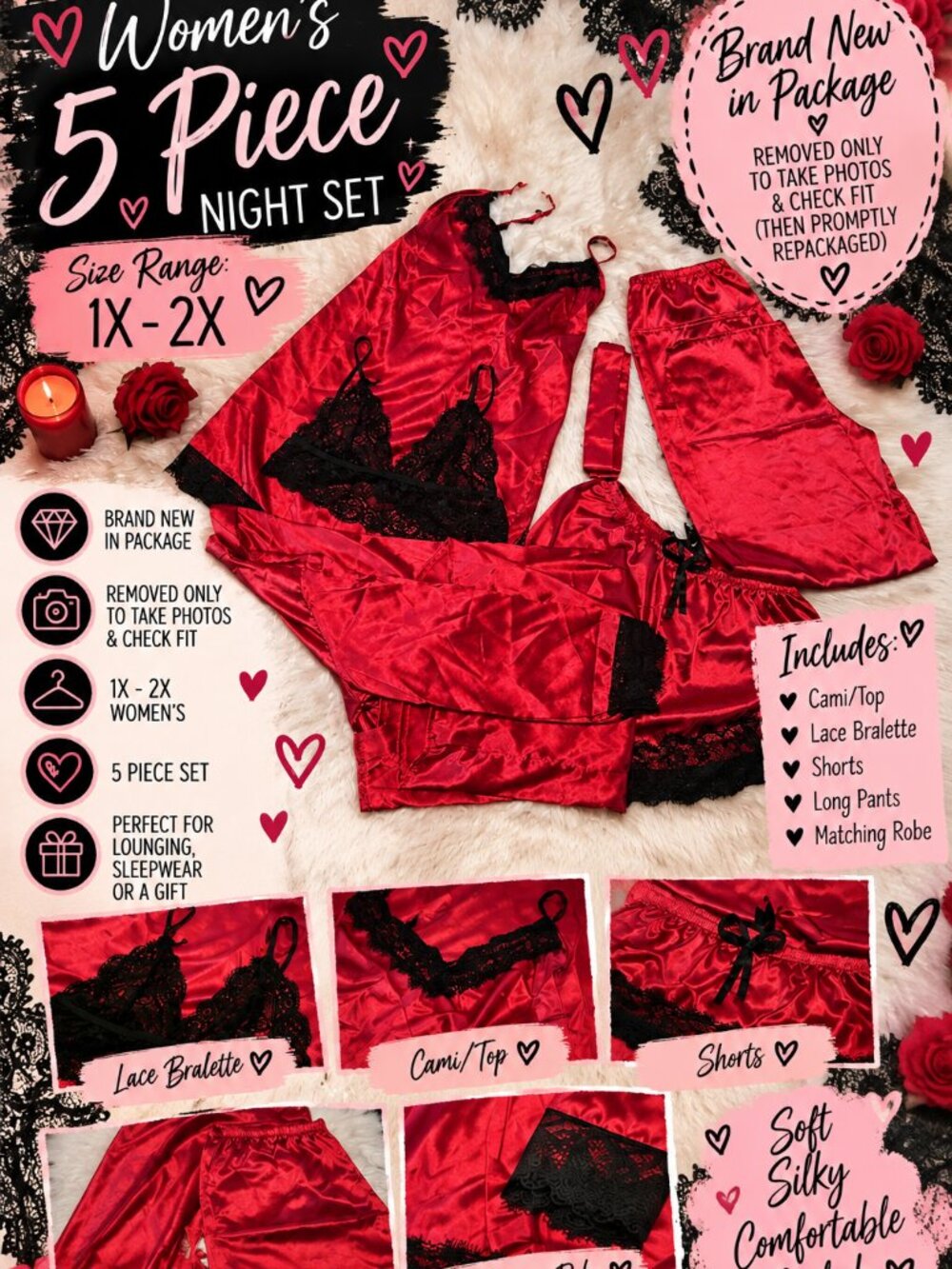 Womens New in Package 5-Piece Red Satin & Black Lace Night Set | Estimated 1X–2X